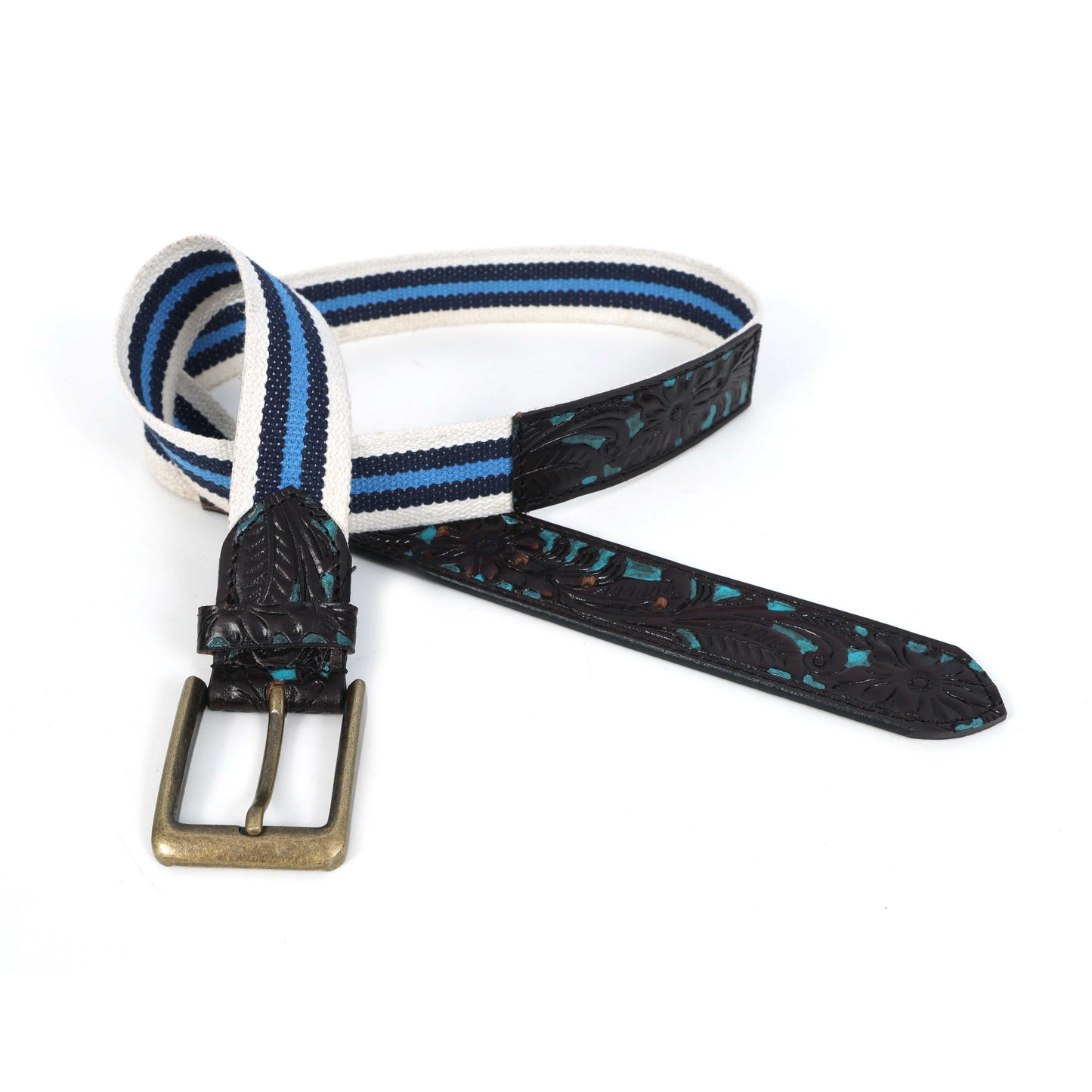 Hand-Carved Black Leather Belt with Blue Webbing – 38mm. LB-834 Pack of 50