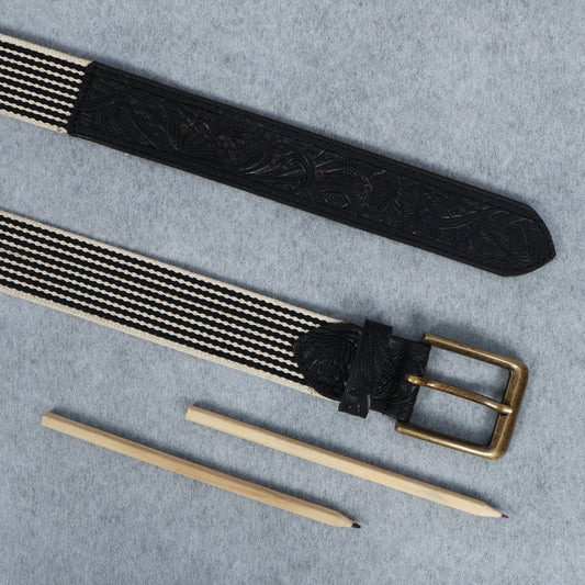 Black Hand-Carved Black Leather Belt with Black Webbing – 38mm. LB-835 Pack of 50