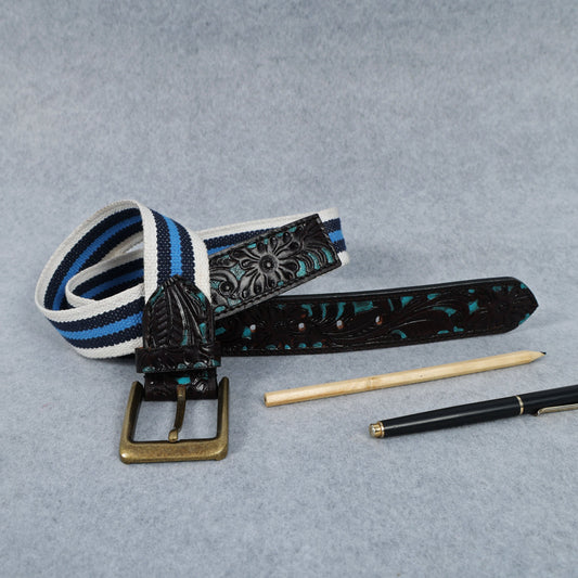 Hand-Carved Black Leather Belt with Blue Webbing – 38mm. LB-834 Pack of 50