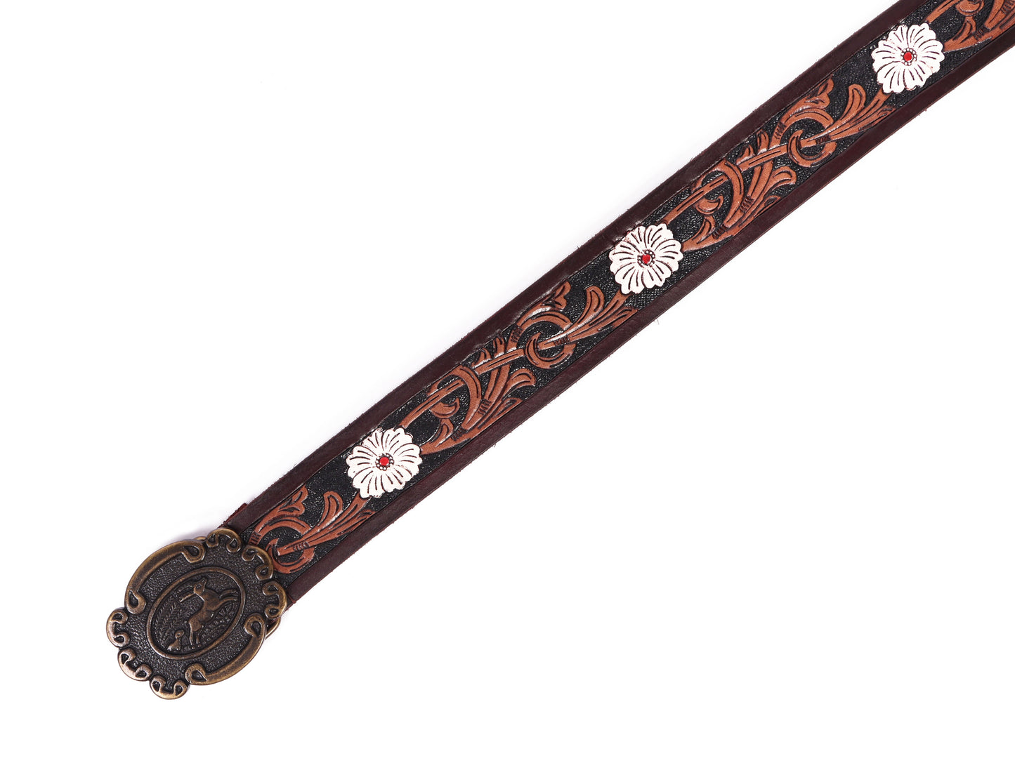 Artisan Brown Leather Tooling Belt: Animal-Inspired Buckle and Floral Accents.Art: LB-801 Pack of 50