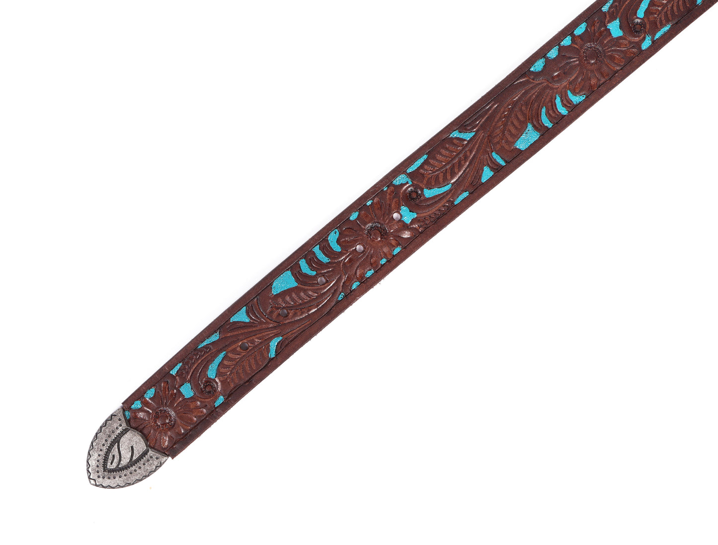 Brown and Blue Hand-Tooled Leather Belt with a Designer Buckle. Art: LB-826 Pack of 50