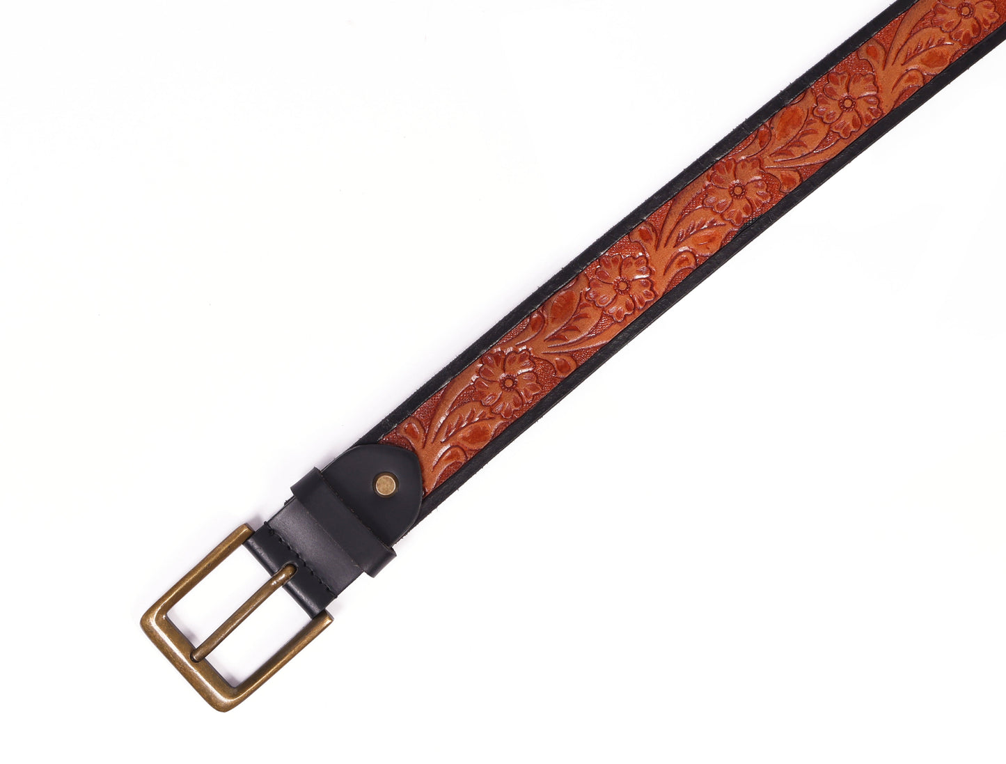 Premium Hand-Made Brown and Black Tooling Belt with Brass Antique Buckle. Art: LB-802 Pack of 50