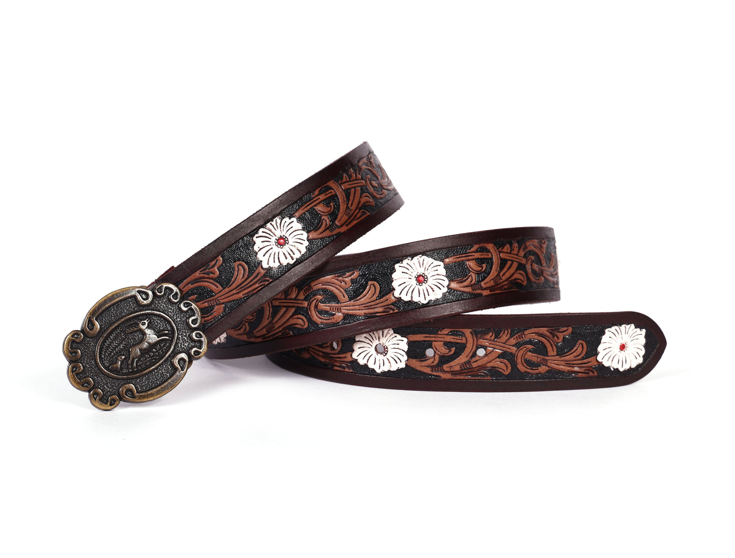 Artisan Brown Leather Tooling Belt: Animal-Inspired Buckle and Floral Accents.Art: LB-801 Pack of 50