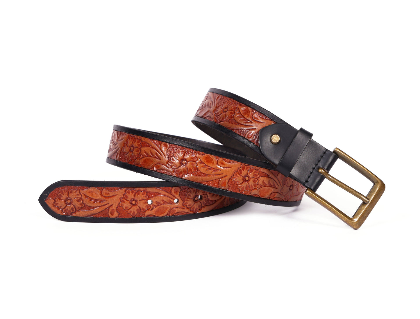 Premium Hand-Made Brown and Black Tooling Belt with Brass Antique Buckle. Art: LB-802 Pack of 50