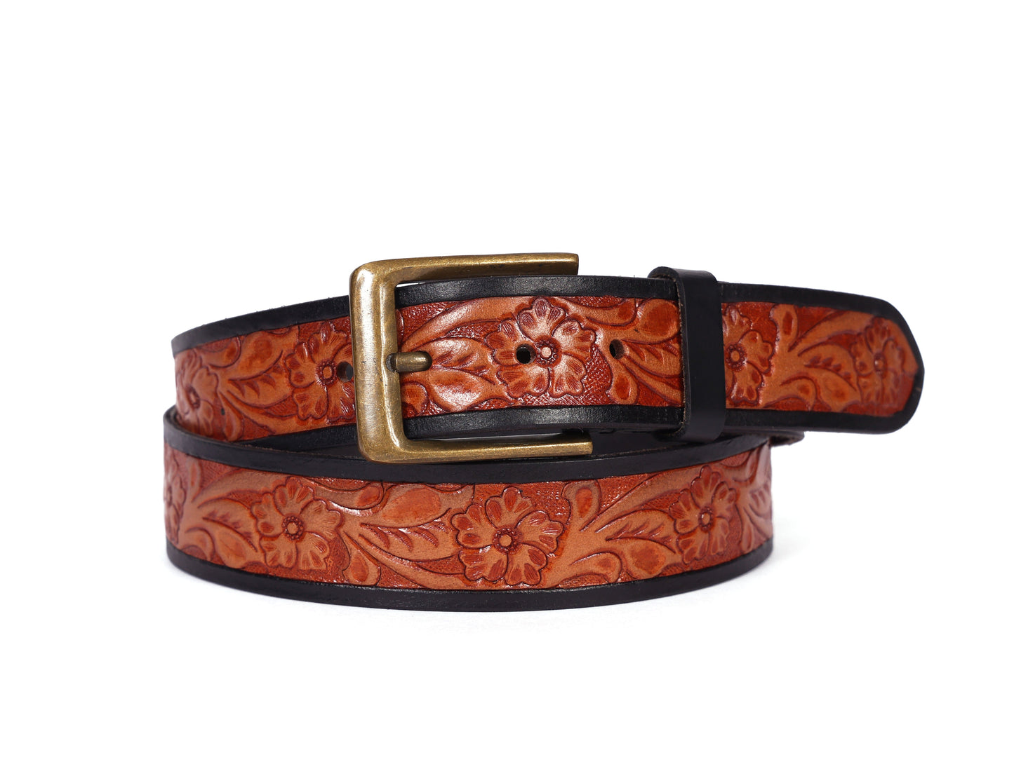 Premium Hand-Made Brown and Black Tooling Belt with Brass Antique Buckle. Art: LB-802 Pack of 50