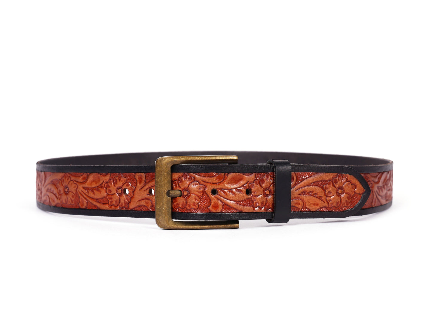 Premium Hand-Made Brown and Black Tooling Belt with Brass Antique Buckle. Art: LB-802 Pack of 50