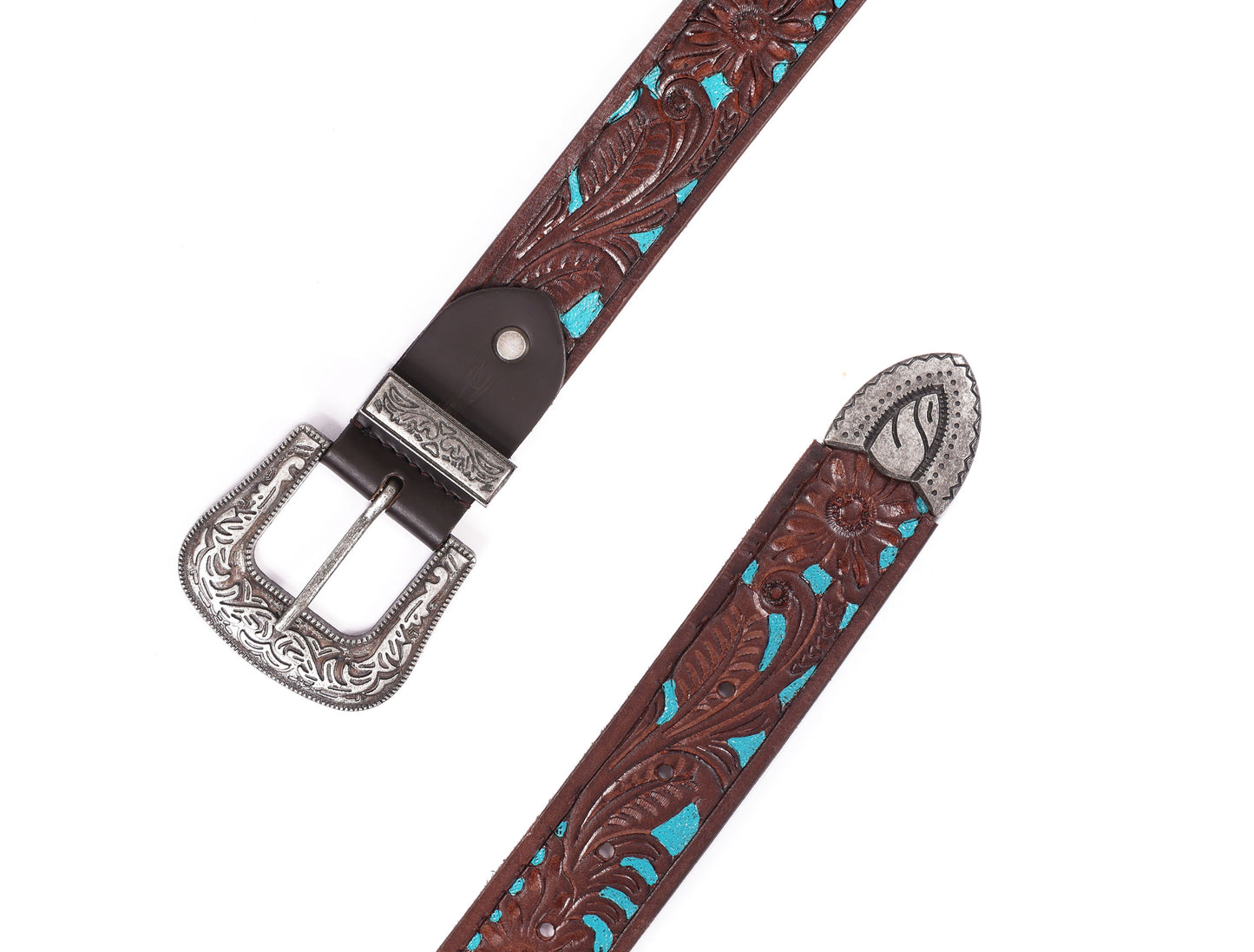 Brown and Blue Hand-Tooled Leather Belt with a Designer Buckle. Art: LB-826 Pack of 50