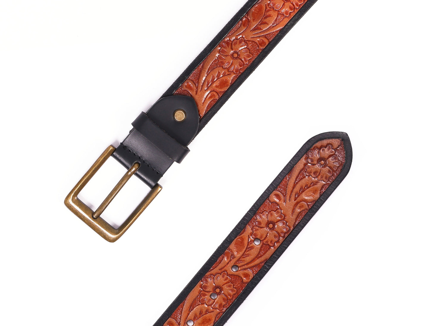 Premium Hand-Made Brown and Black Tooling Belt with Brass Antique Buckle. Art: LB-802 Pack of 50