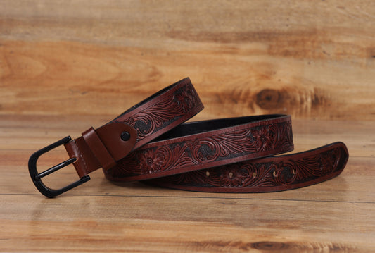 "Bespoke Elegance: Brown Hand Carving Leather Belt for Timeless Style" Art: LB-807 Pack of 50