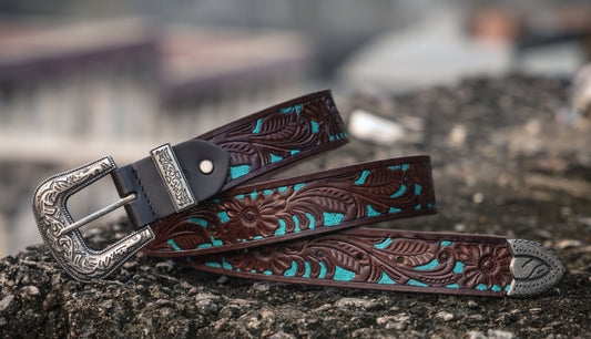 Brown and Blue Hand-Tooled Leather Belt with a Designer Buckle. Art: LB-826 Pack of 50
