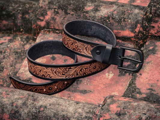 Exquisite Hand-Carved Leather Belt with Black Buckle, Crafted in India, Art: LB-804 Pack of 50
