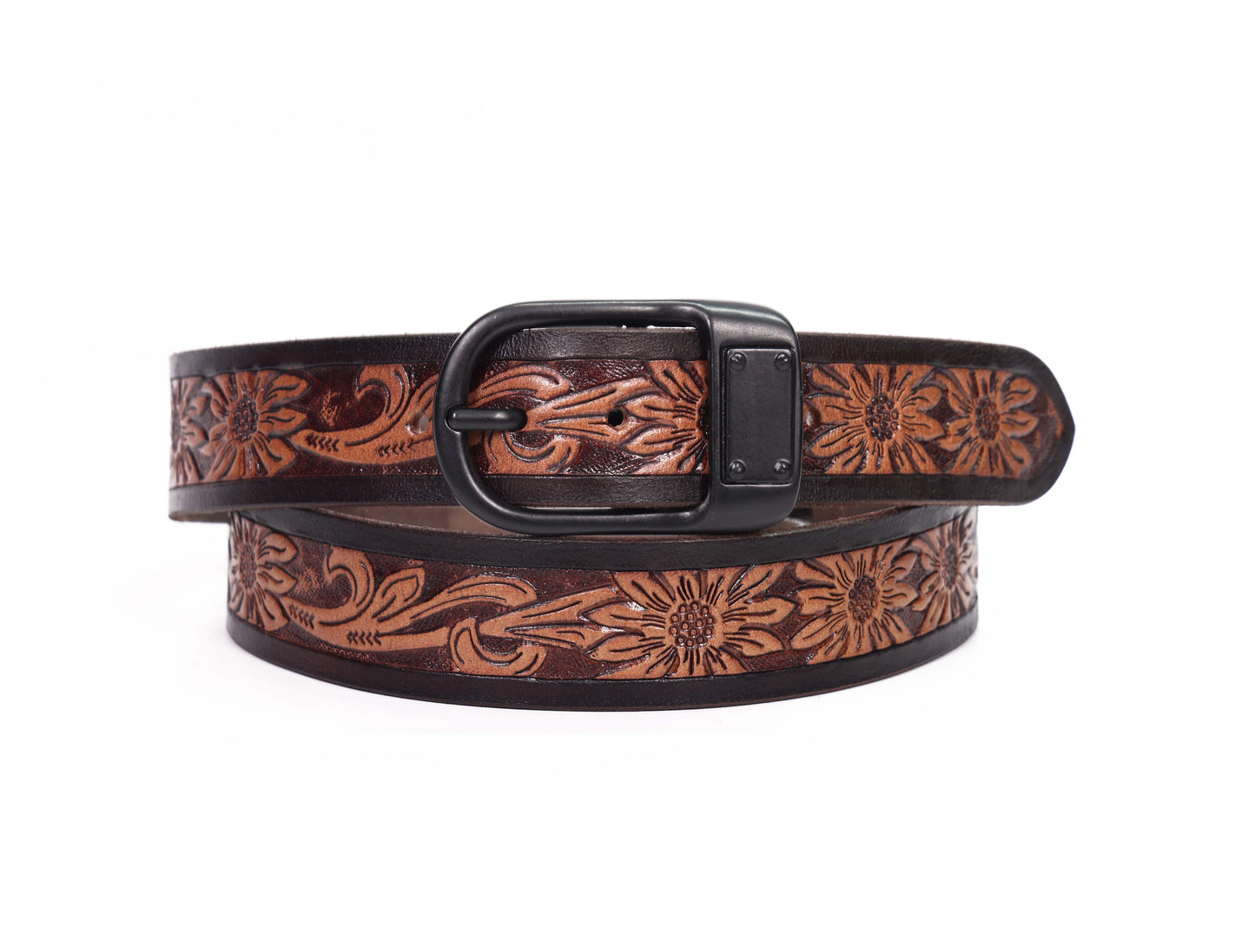 Hand-Carved Leather Belt with Mat Black Buckle, Art: LB-803 Pack of 50