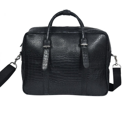 Black color croco texture pure leather laptop bag for office use with holdall and shoulder strap,  Art: BG-1701 Pack of 25
