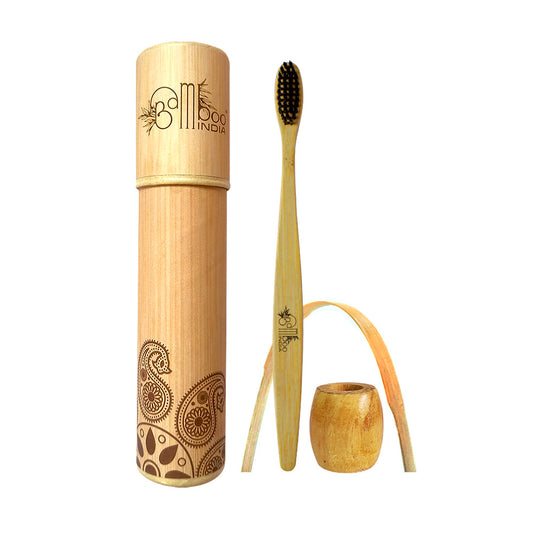 Bamboo Toothbrush Charcoal Adult - Soft with Tongue Cleaner & Holder Pack of 50