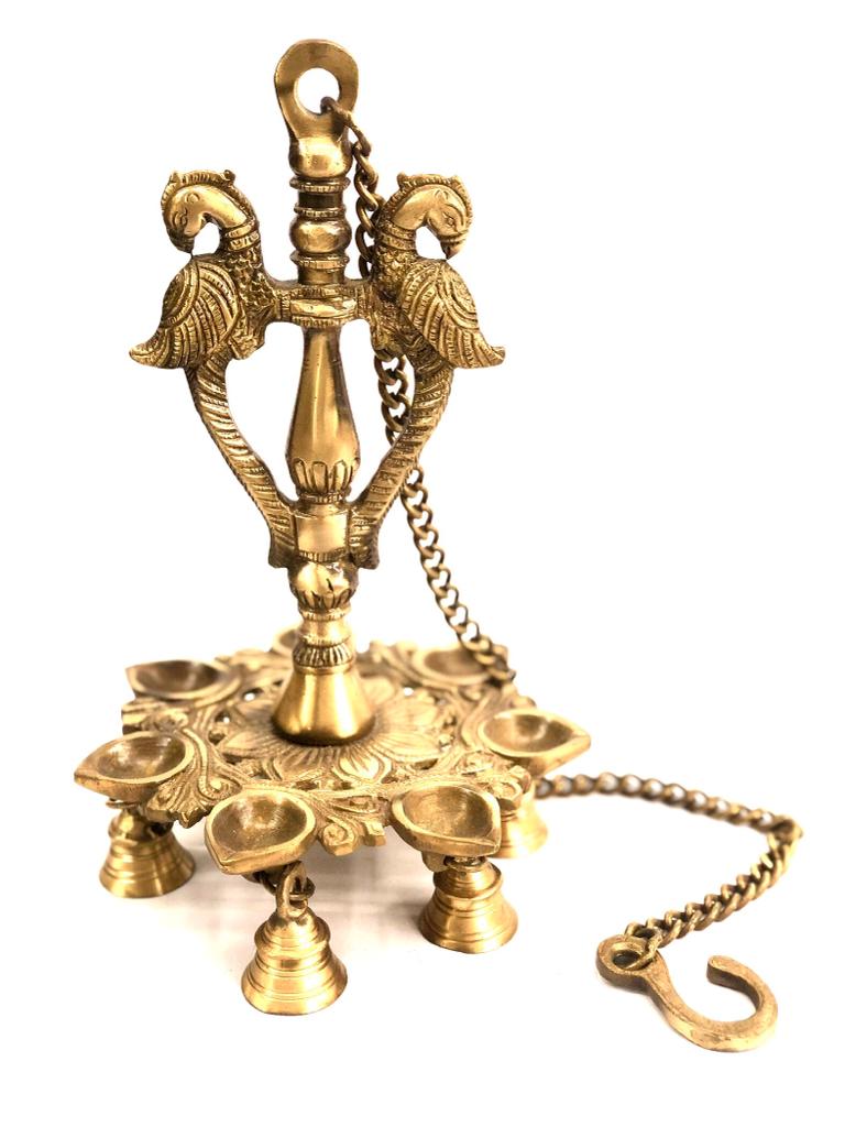 Hanging 7 Brass Diya Peacock Designed With Bells Temple Décor By Tamrapatra Pack of 25
