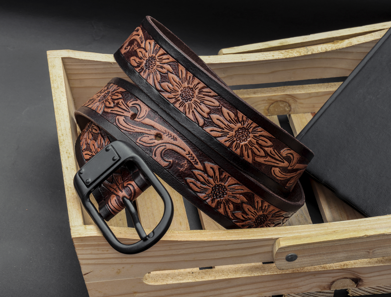 Hand-Carved Leather Belt with Mat Black Buckle, Art: LB-803 Pack of 50