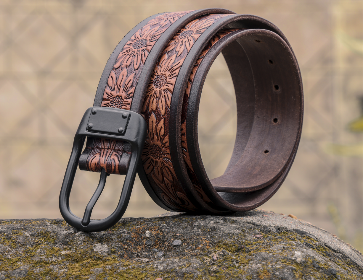 Hand-Carved Leather Belt with Mat Black Buckle, Art: LB-803 Pack of 50