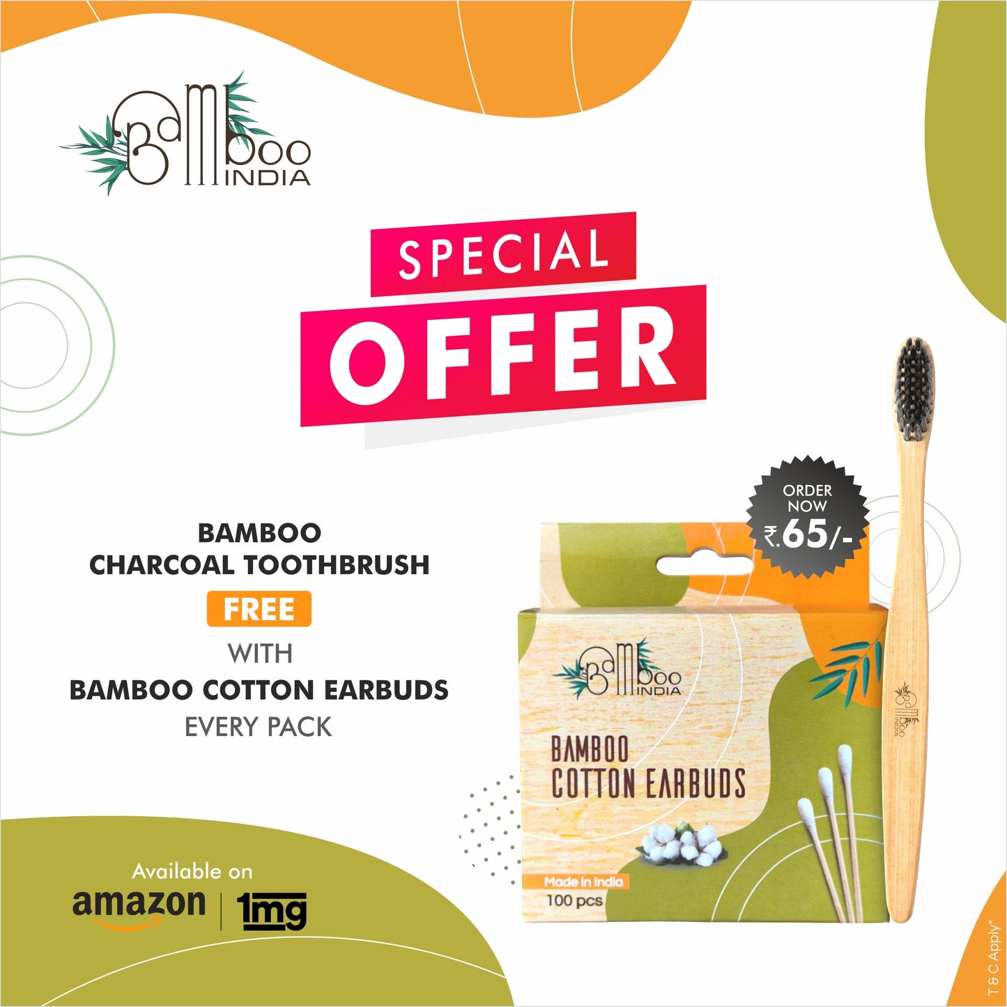 Bamboo Cotton Buds (100 Sticks) + Bamboo Charcoal Brush Pack of 50