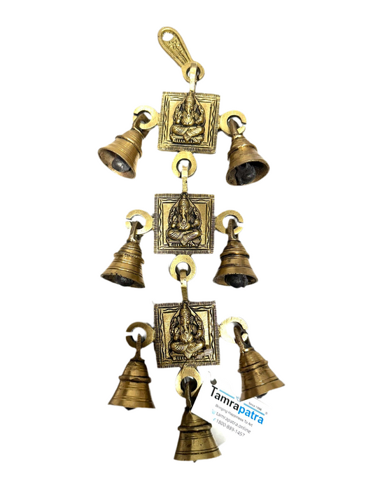 Brass Artwork Shubh Labh Swastika Hanging Auspicious With 7 Bells Tamrpatra Pack of 50