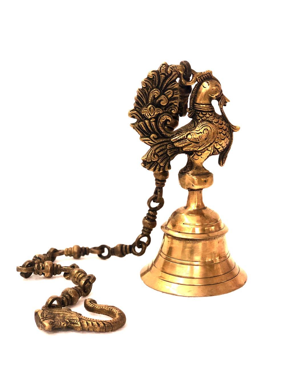 Brass Bell Antique Finish With Peacock & Long Chain Temple Home Décor Tamrapatra Pack of 25