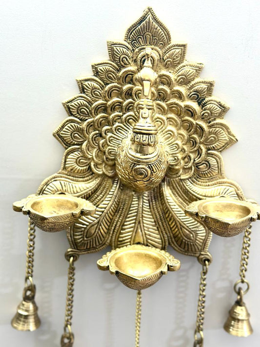 Big Peacock Brass Hangings With Diya Wall Décor Attractive Bells By Tamrapatra Pack of 25