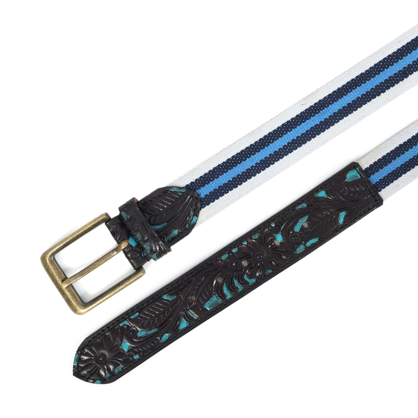 Hand-Carved Black Leather Belt with Blue Webbing – 38mm. LB-834 Pack of 50