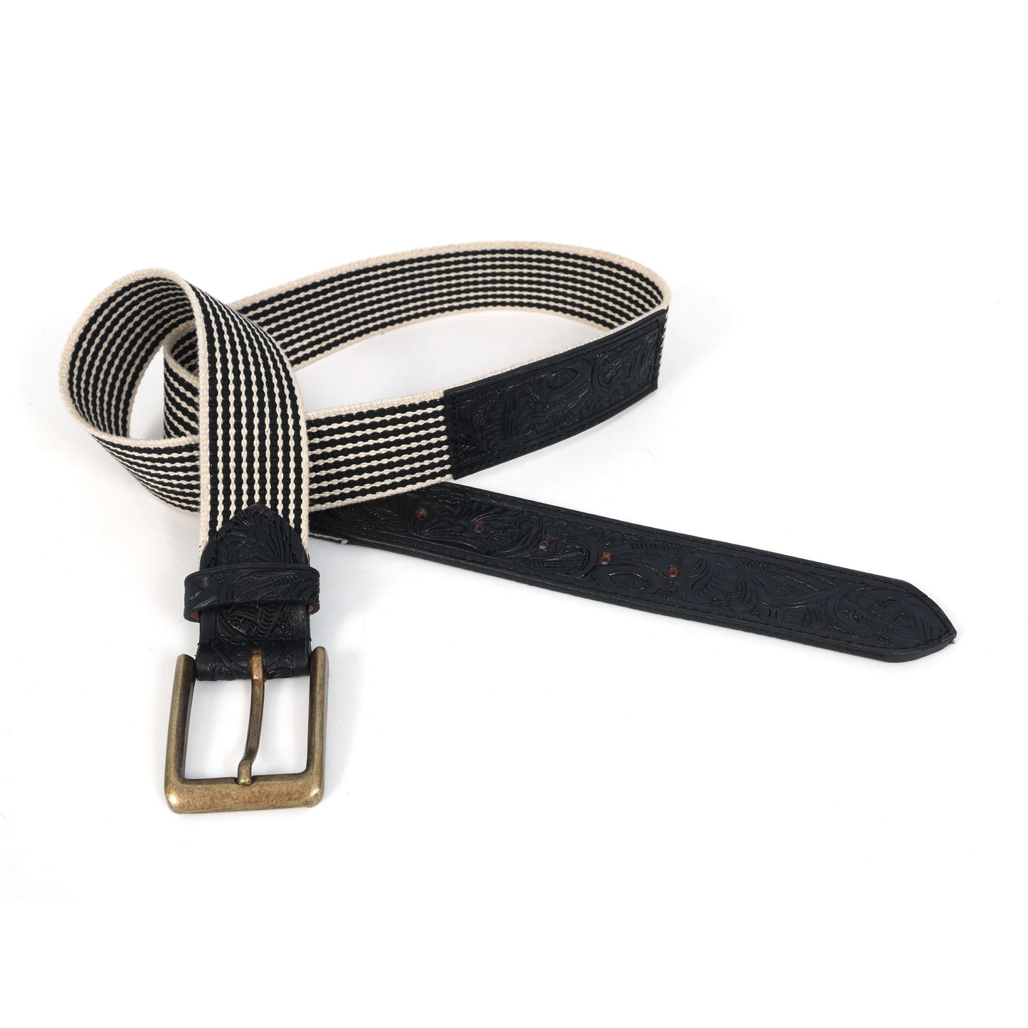 Black Hand-Carved Black Leather Belt with Black Webbing – 38mm. LB-835 Pack of 50