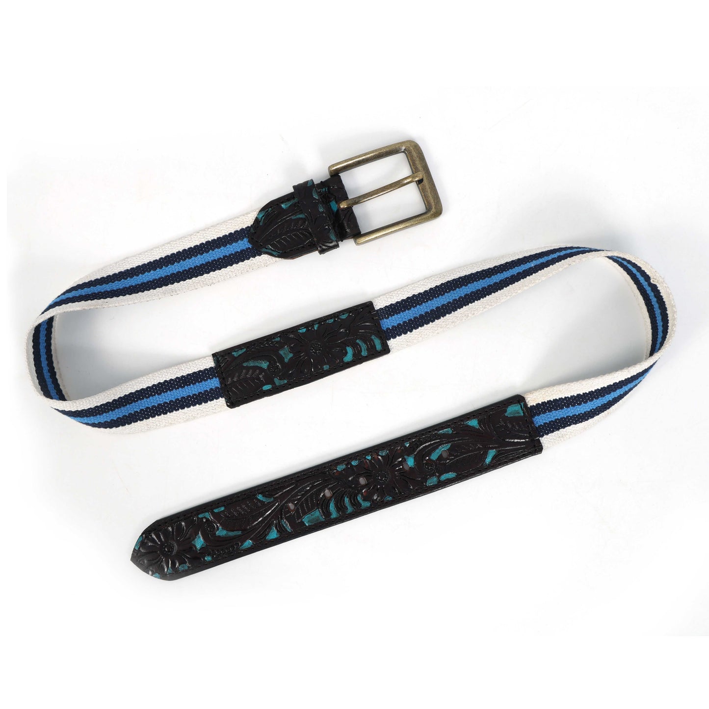 Hand-Carved Black Leather Belt with Blue Webbing – 38mm. LB-834 Pack of 50