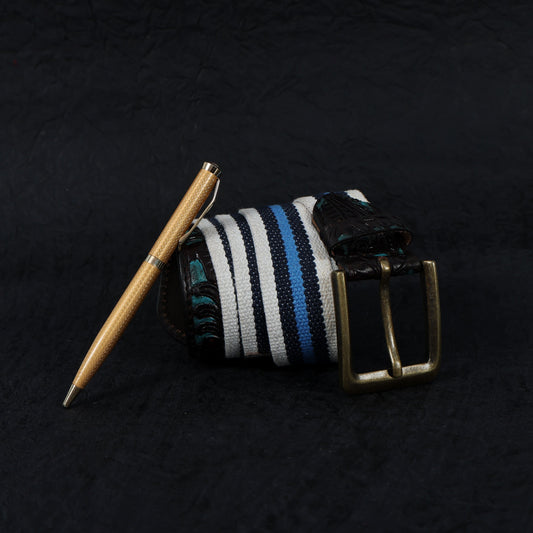 Hand-Carved Black Leather Belt with Blue Webbing – 38mm. LB-834 Pack of 50