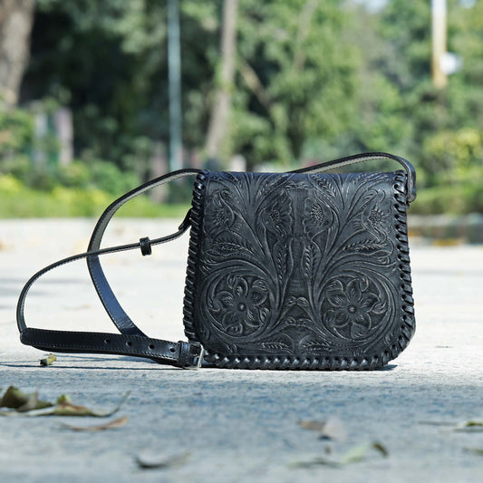 Hand-Carved Leather Sling Bag – Artisan Craftsmanship & Timeless Style. BG-1615 Pack of 25
