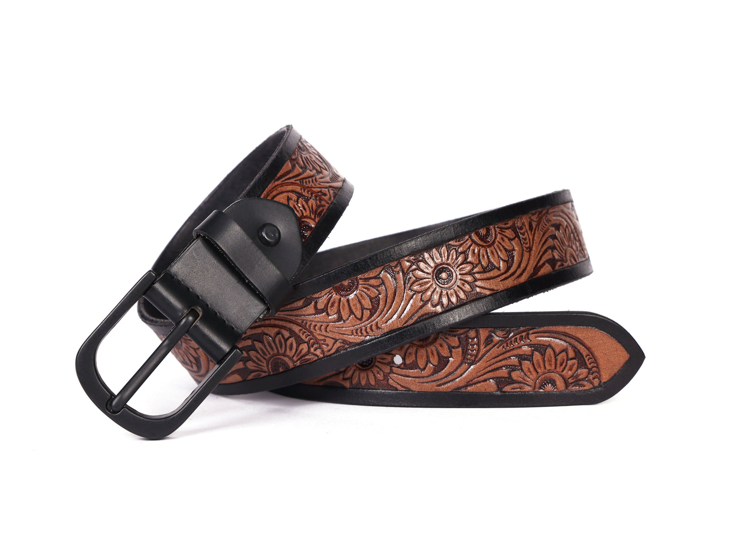 Exquisite Hand-Carved Leather Belt with Black Buckle, Crafted in India, Art: LB-804 Pack of 50