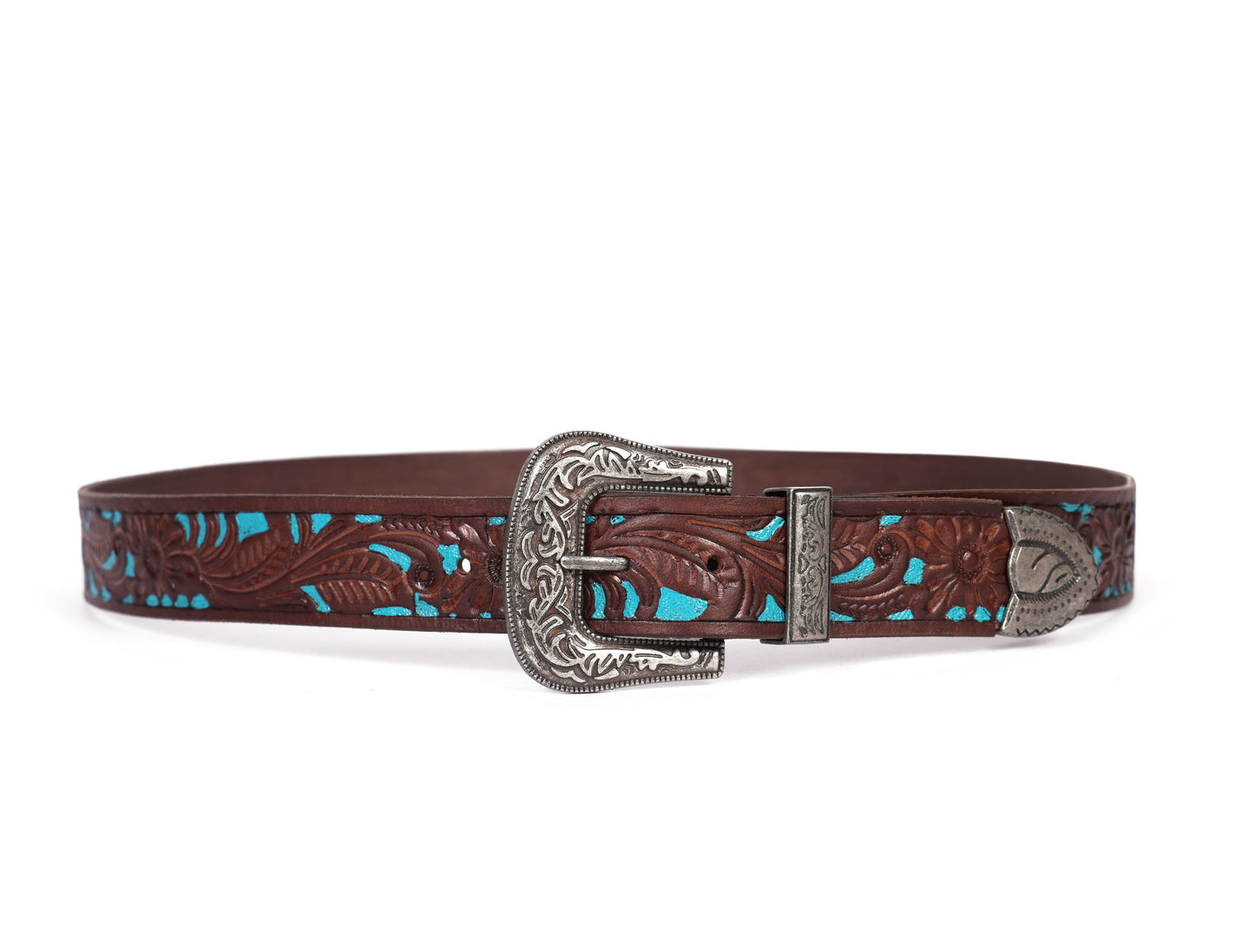 Brown and Blue Hand-Tooled Leather Belt with a Designer Buckle. Art: LB-826 Pack of 50