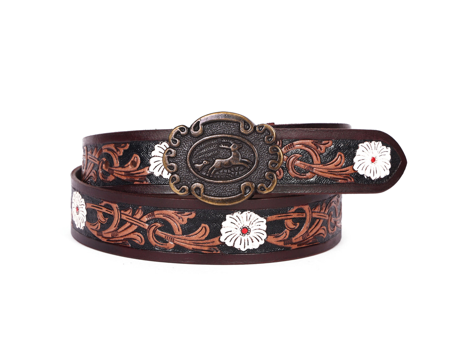 Artisan Brown Leather Tooling Belt: Animal-Inspired Buckle and Floral Accents.Art: LB-801 Pack of 50