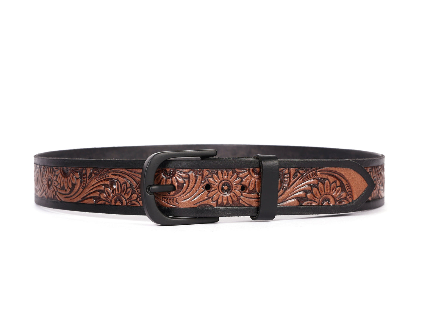 Exquisite Hand-Carved Leather Belt with Black Buckle, Crafted in India, Art: LB-804 Pack of 50