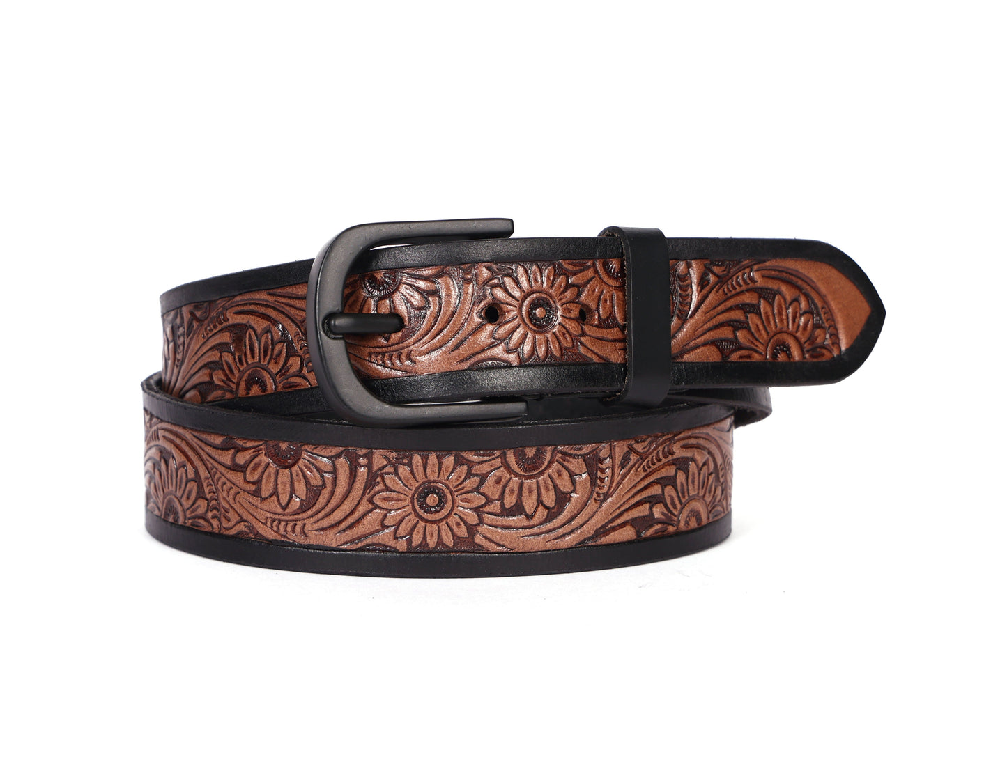 Exquisite Hand-Carved Leather Belt with Black Buckle, Crafted in India, Art: LB-804 Pack of 50