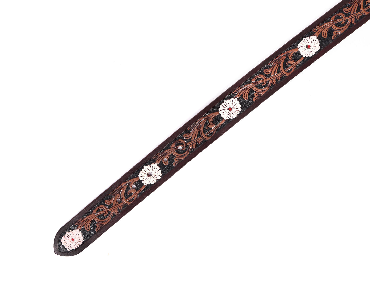 Artisan Brown Leather Tooling Belt: Animal-Inspired Buckle and Floral Accents.Art: LB-801 Pack of 50