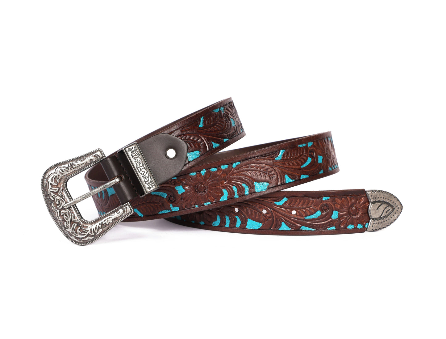 Brown and Blue Hand-Tooled Leather Belt with a Designer Buckle. Art: LB-826 Pack of 50