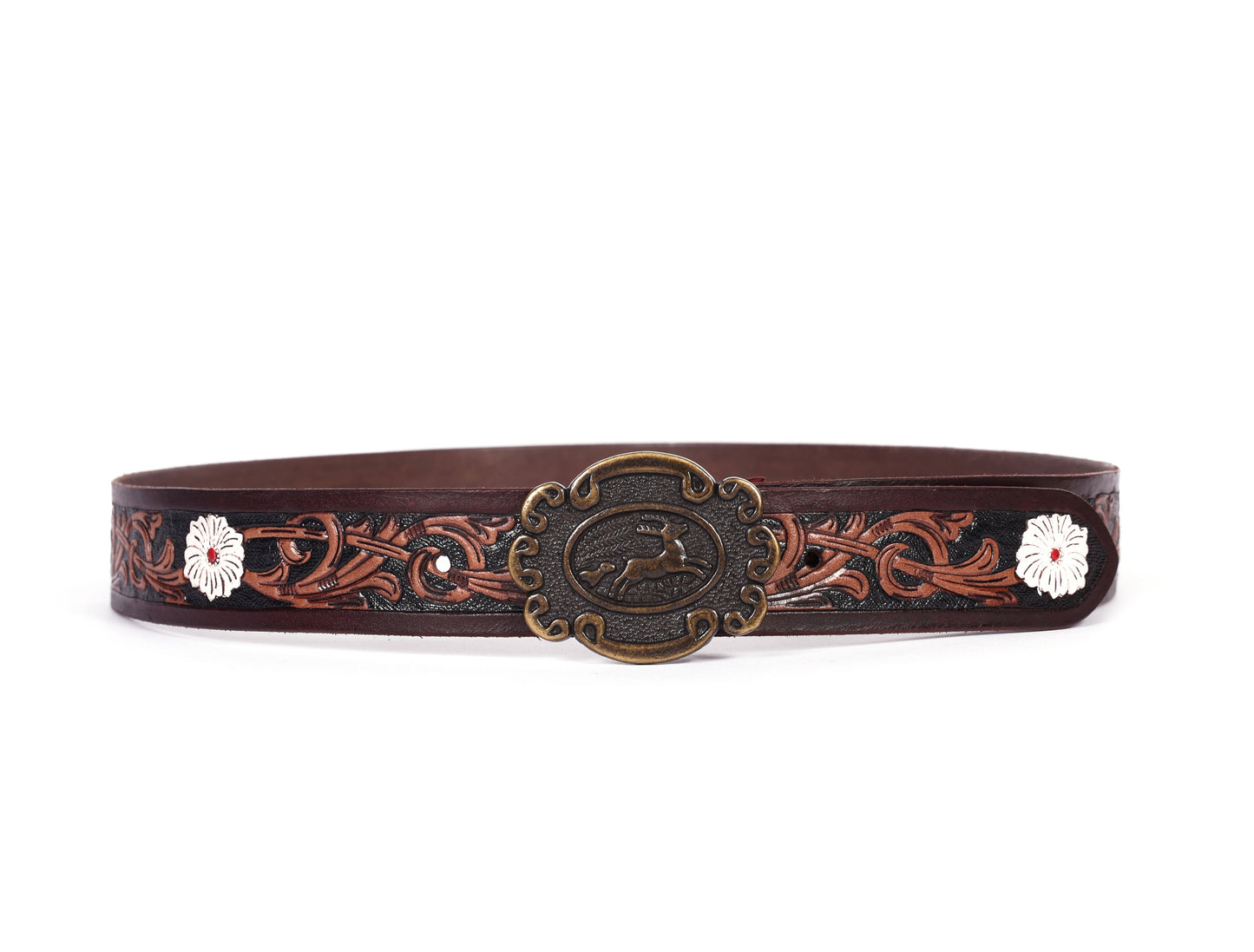 Artisan Brown Leather Tooling Belt: Animal-Inspired Buckle and Floral Accents.Art: LB-801 Pack of 50
