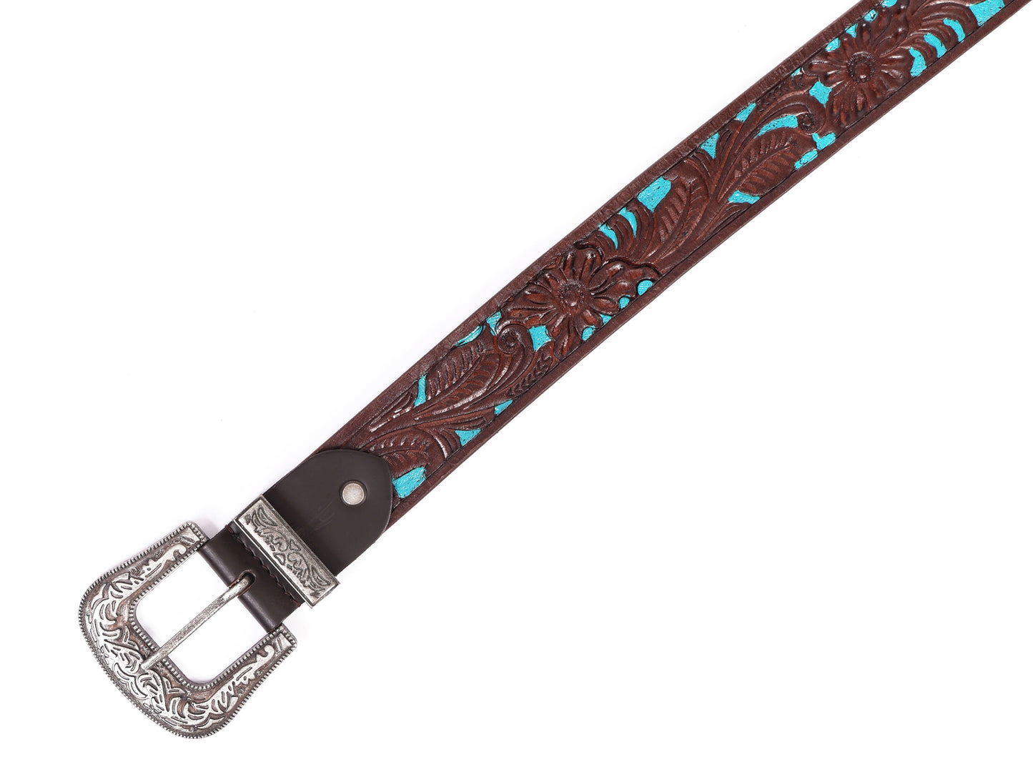 Brown and Blue Hand-Tooled Leather Belt with a Designer Buckle. Art: LB-826 Pack of 50