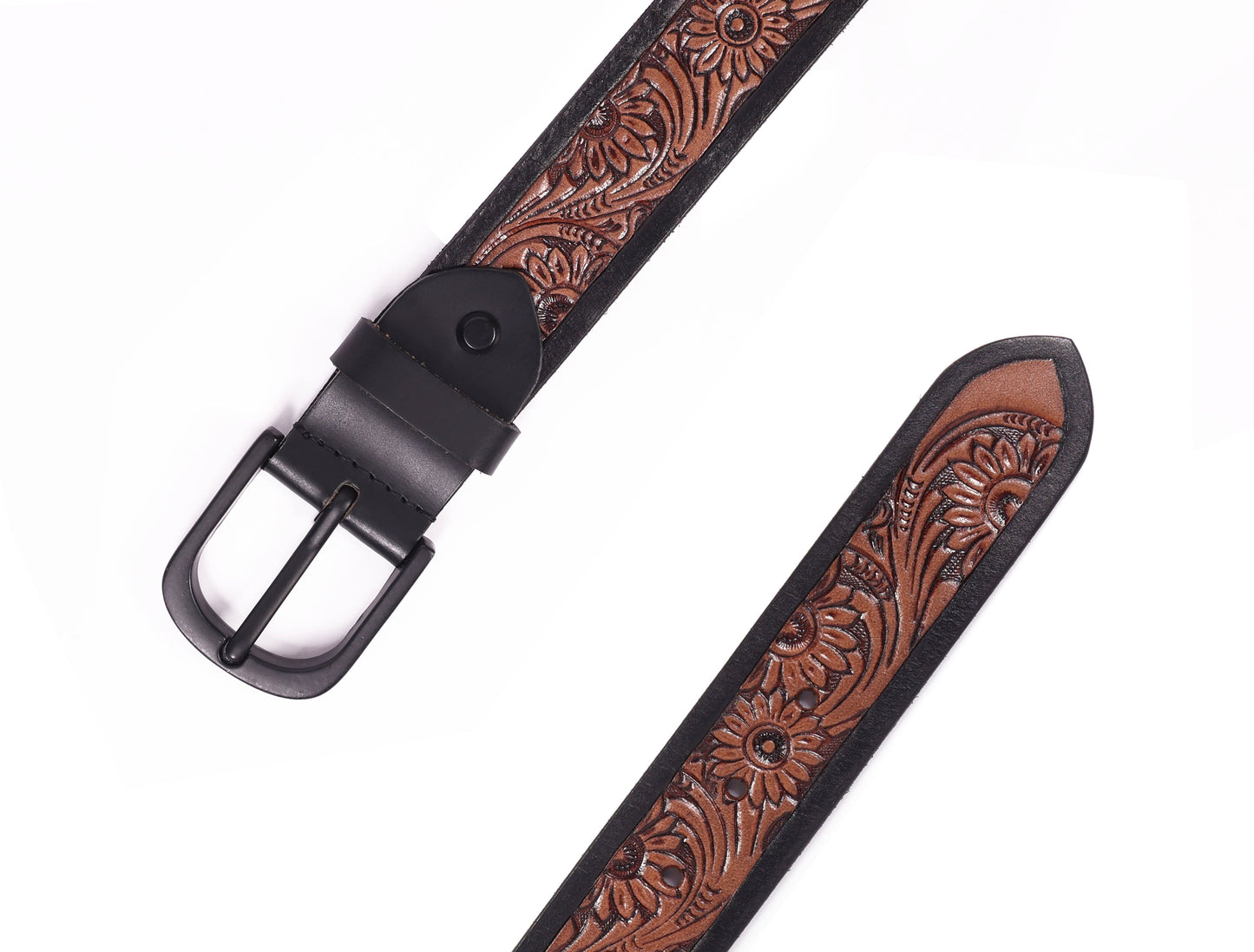 Exquisite Hand-Carved Leather Belt with Black Buckle, Crafted in India, Art: LB-804 Pack of 50