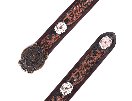 Artisan Brown Leather Tooling Belt: Animal-Inspired Buckle and Floral Accents.Art: LB-801 Pack of 50