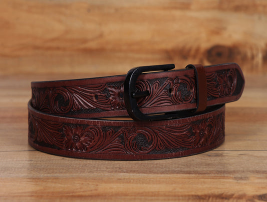 "Bespoke Elegance: Brown Hand Carving Leather Belt for Timeless Style" Art: LB-807 Pack of 50