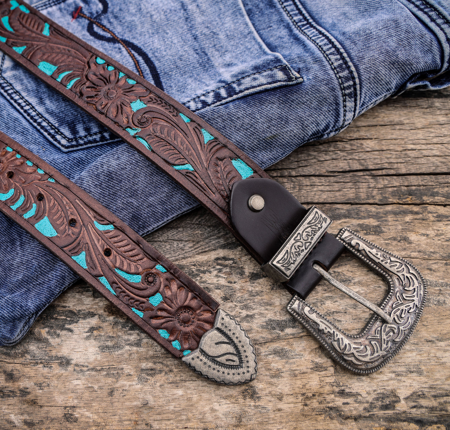 Brown and Blue Hand-Tooled Leather Belt with a Designer Buckle. Art: LB-826 Pack of 50
