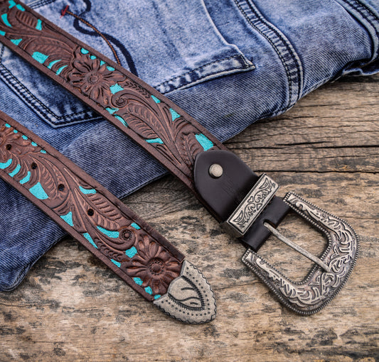 Brown and Blue Hand-Tooled Leather Belt with a Designer Buckle. Art: LB-826 Pack of 50