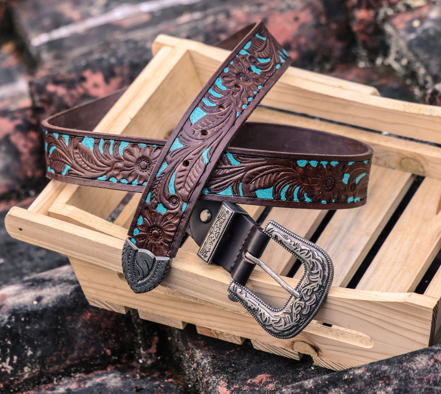 Brown and Blue Hand-Tooled Leather Belt with a Designer Buckle. Art: LB-826 Pack of 50