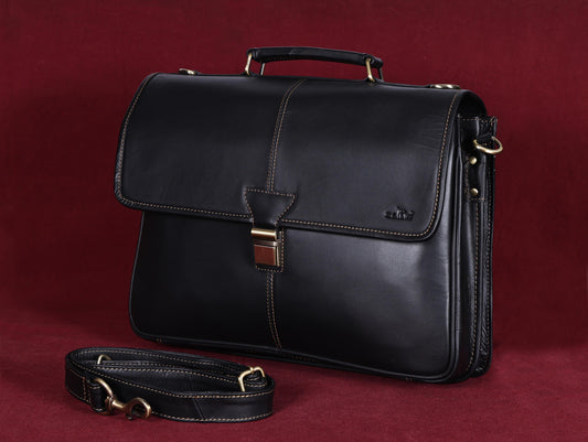 Handcrafted Black Laptop Bag: Brush Antique Fittings, Tan Stitching, and Unmatched Sophistication, Art: BG-1700 Pack of 25