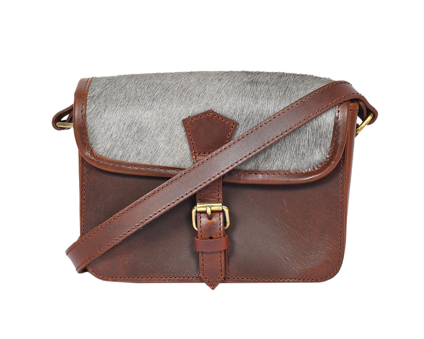 Brown color leather with grey hair on leather sling bag for women and girls | Party wear, Art: BG-1156 Pack of 25