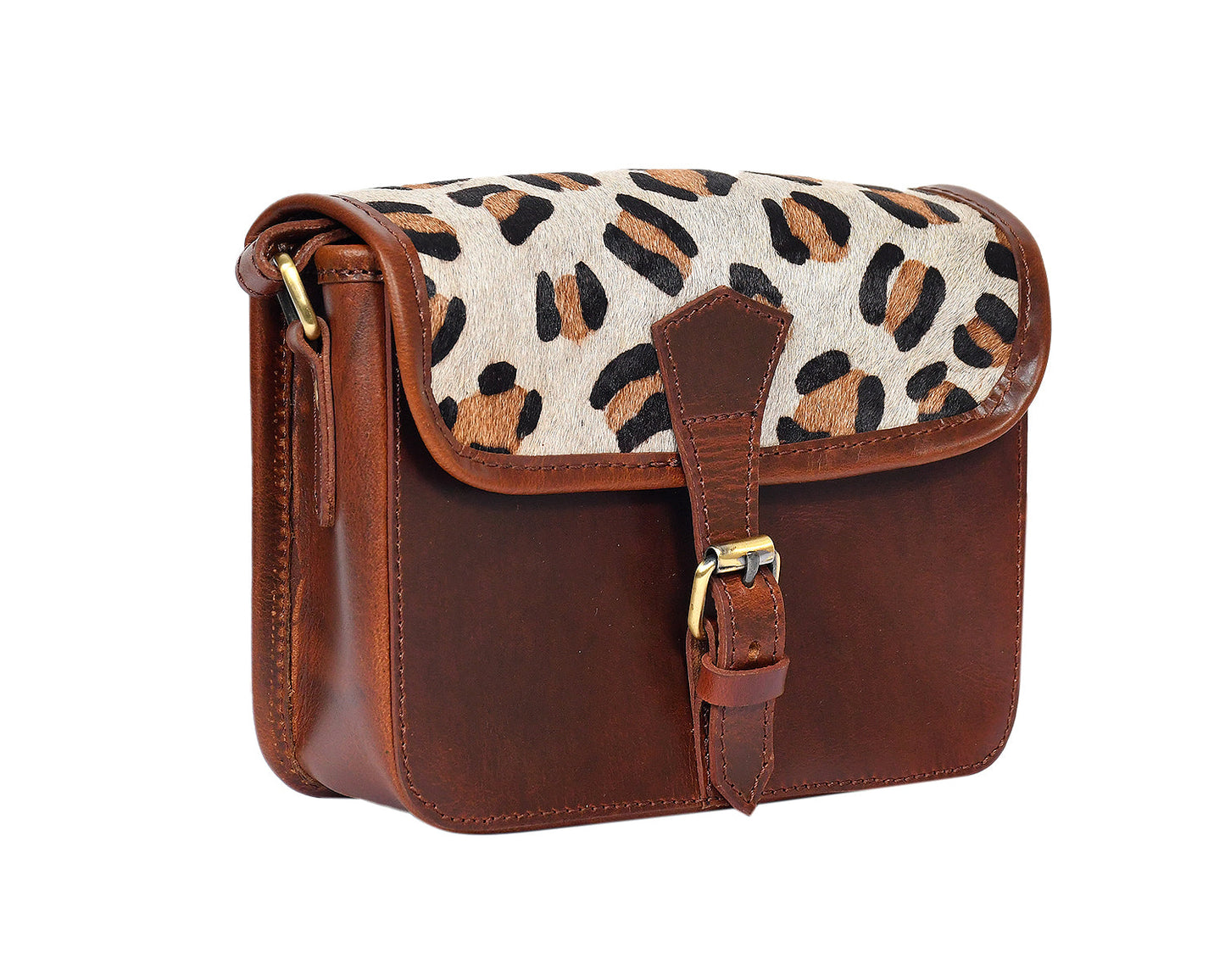 Brown color leather with hair on leather sling bag for women and girls | Party wear. Art: BG-1157 Pack of 25