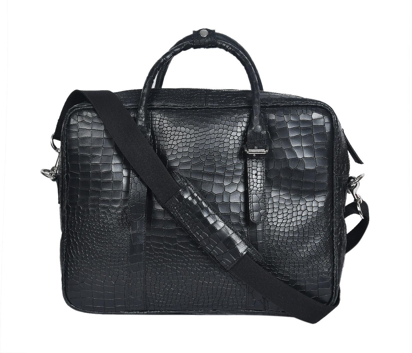 Black color croco texture pure leather laptop bag for office use with holdall and shoulder strap,  Art: BG-1701 Pack of 25