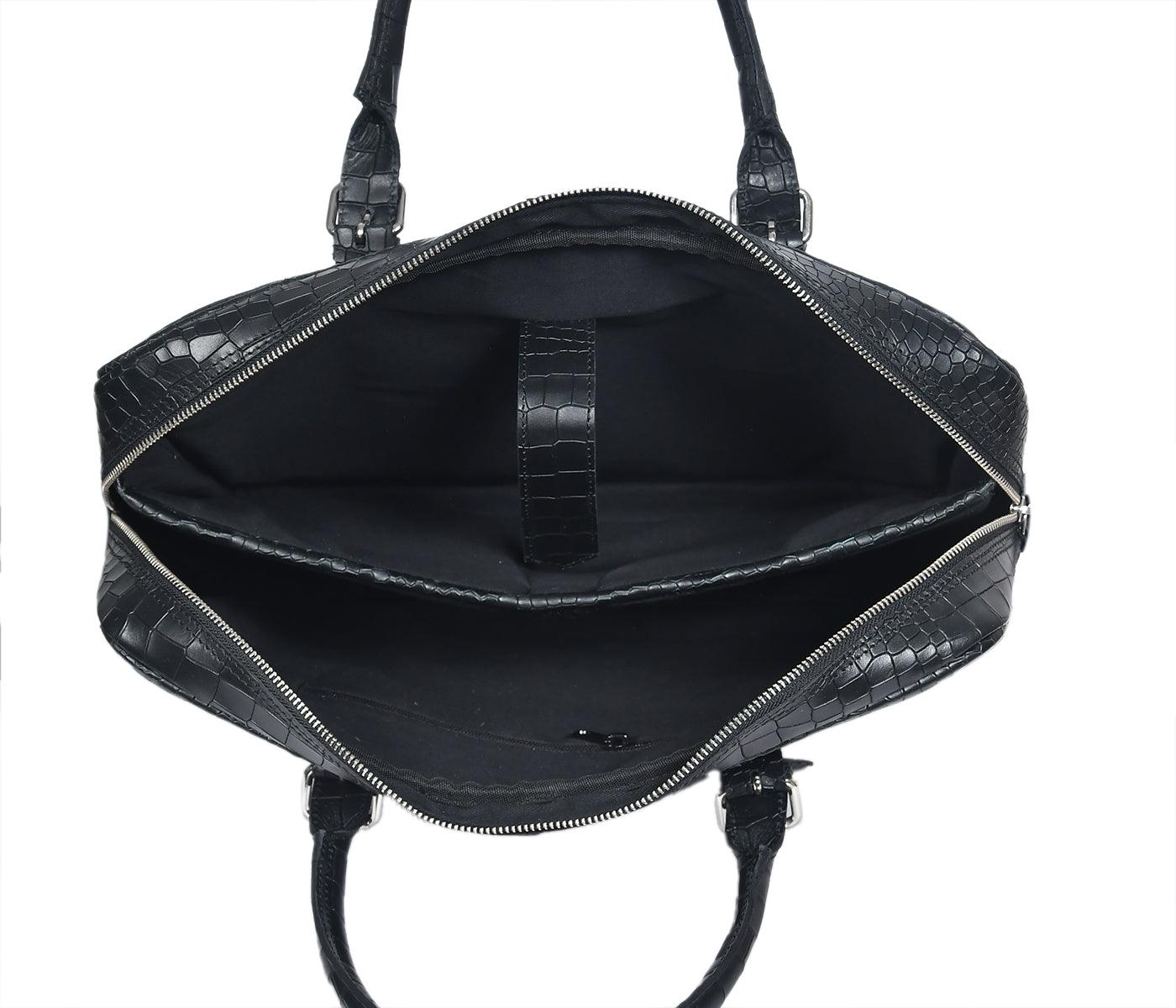 Black color croco texture pure leather laptop bag for office use with holdall and shoulder strap,  Art: BG-1701 Pack of 25